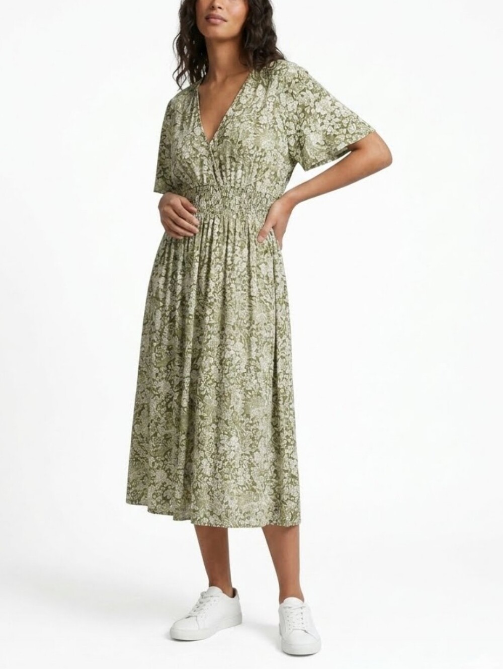 Zara Ecru Green Floral Smocked Midi Dress Boho Cottagecore Prairie Nature